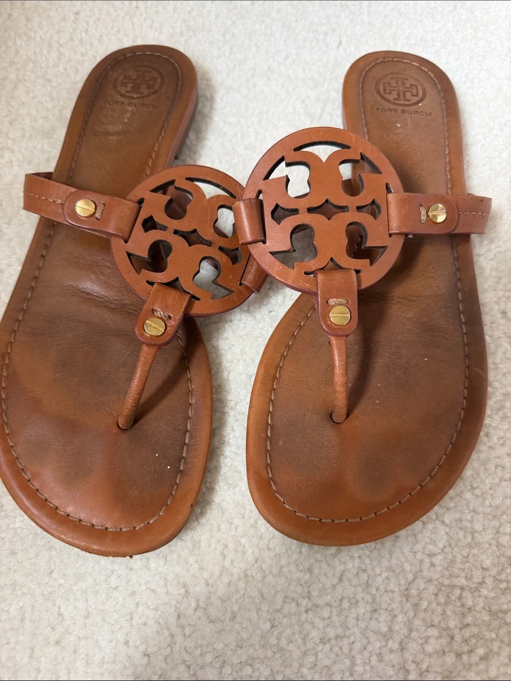 Tory Burch Miller Logo Thong Sandals in Cognac Brown